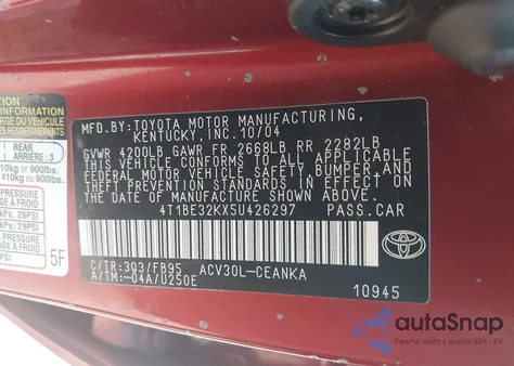 2005 Toyota Camry Le z USA, uszkodzony, nr VIN 4T1BE32KX5U426297